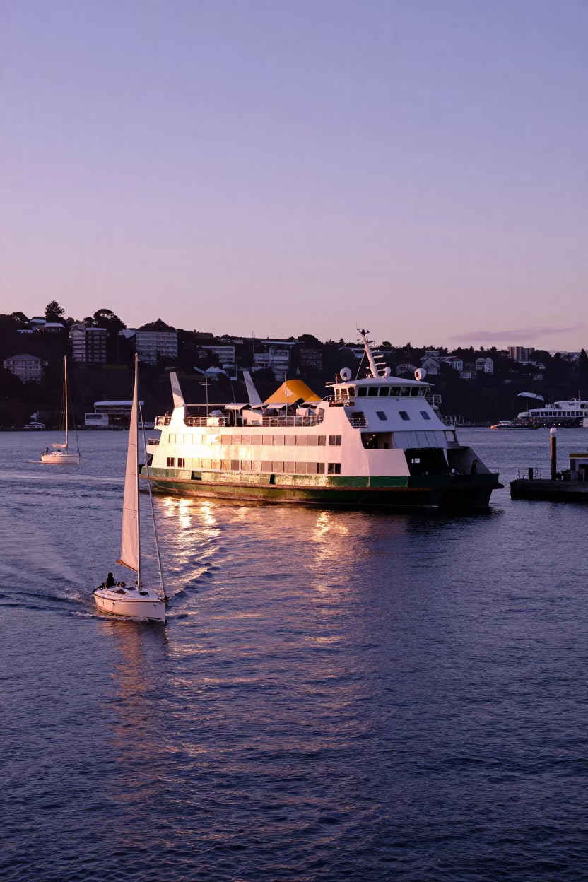 Chain Ferry Crossing Wellington Harbour at Sunset with Sailboats and City Skyline in in Wellington, New Zealand