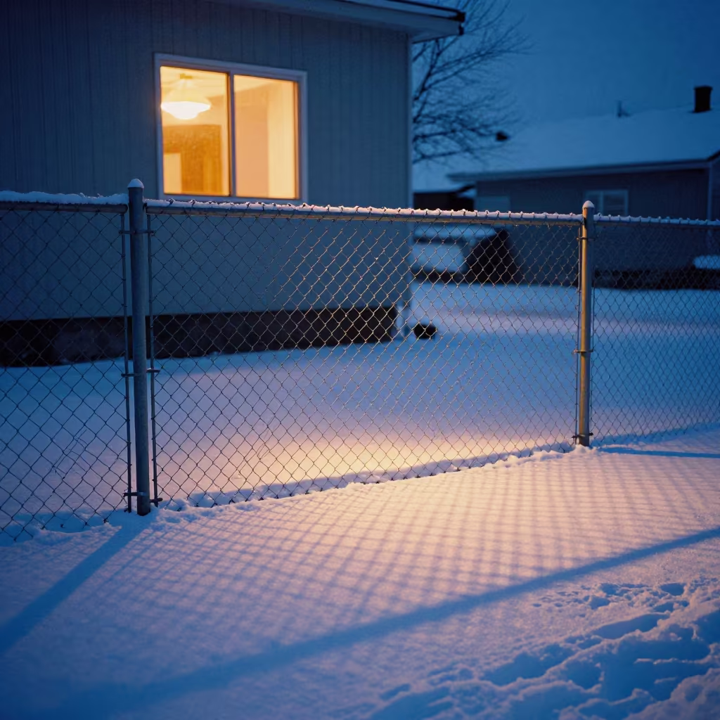 Chain Link Fence Shadow on Snow Blue Hour in in Canada