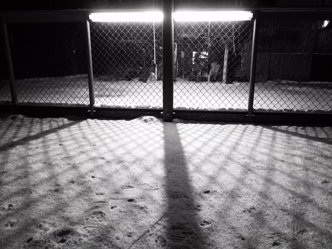 Chain Link Fence Shadow on Snow at Midnight Sun in near Sapporo