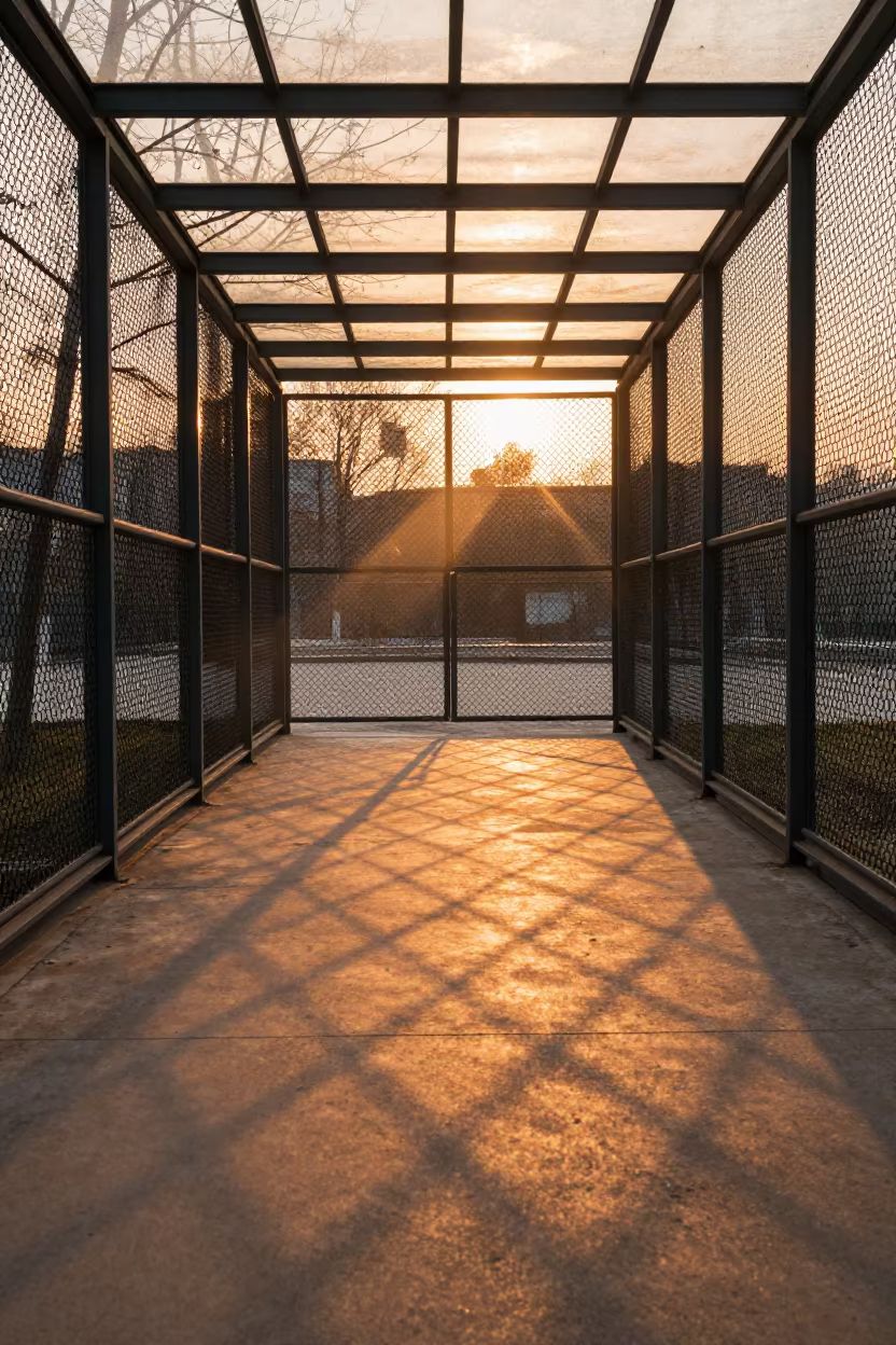 Chain-link fence shadow pattern at sunset in inside a glass-roofed arcade in Ningbo