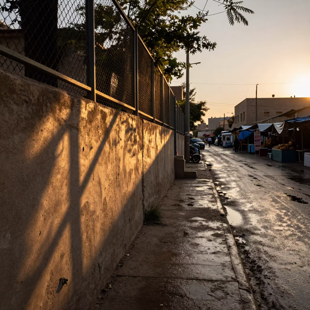 Chain Link Shadow on Concrete Wall Sunset in along a market-lined side street in Kirkuk