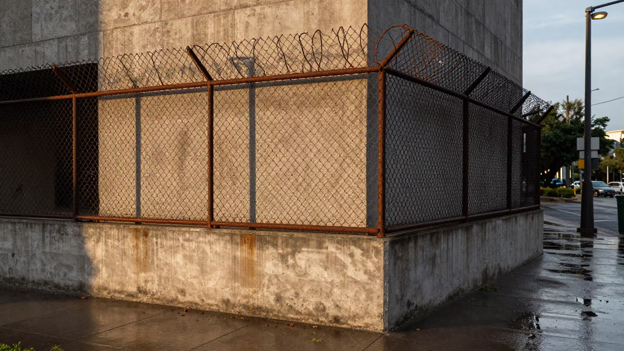 Chain Link Shadows on Concrete Wall Delmas in outside a corner cafe in Delmas