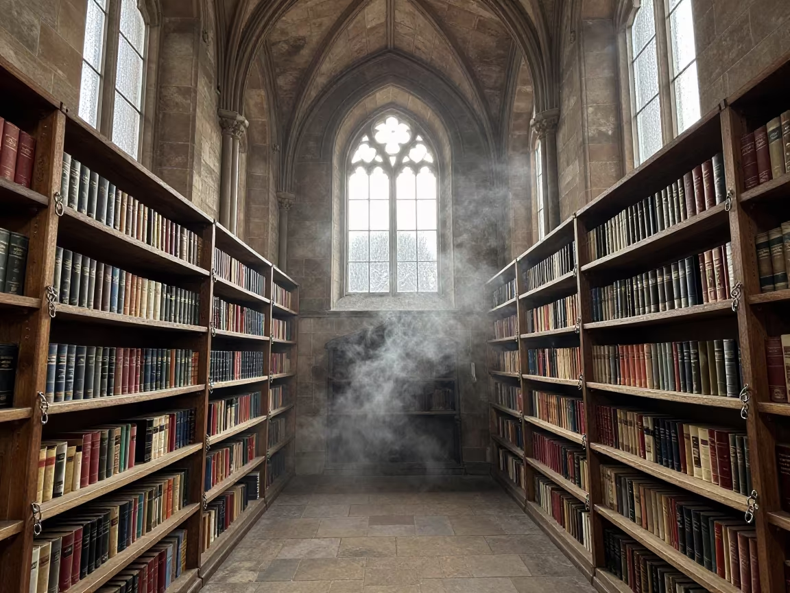 Chained Books in Monastery Vault with Downward Smoke in inside a vaulted atrium near Hamilton