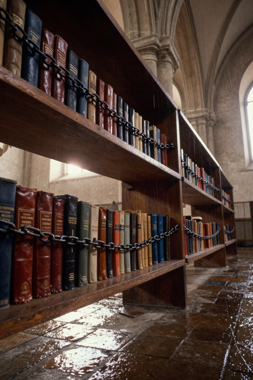 Chained Books on Wooden Shelves in Ogbomosho Monastery in inside a vaulted atrium in Ogbomosho