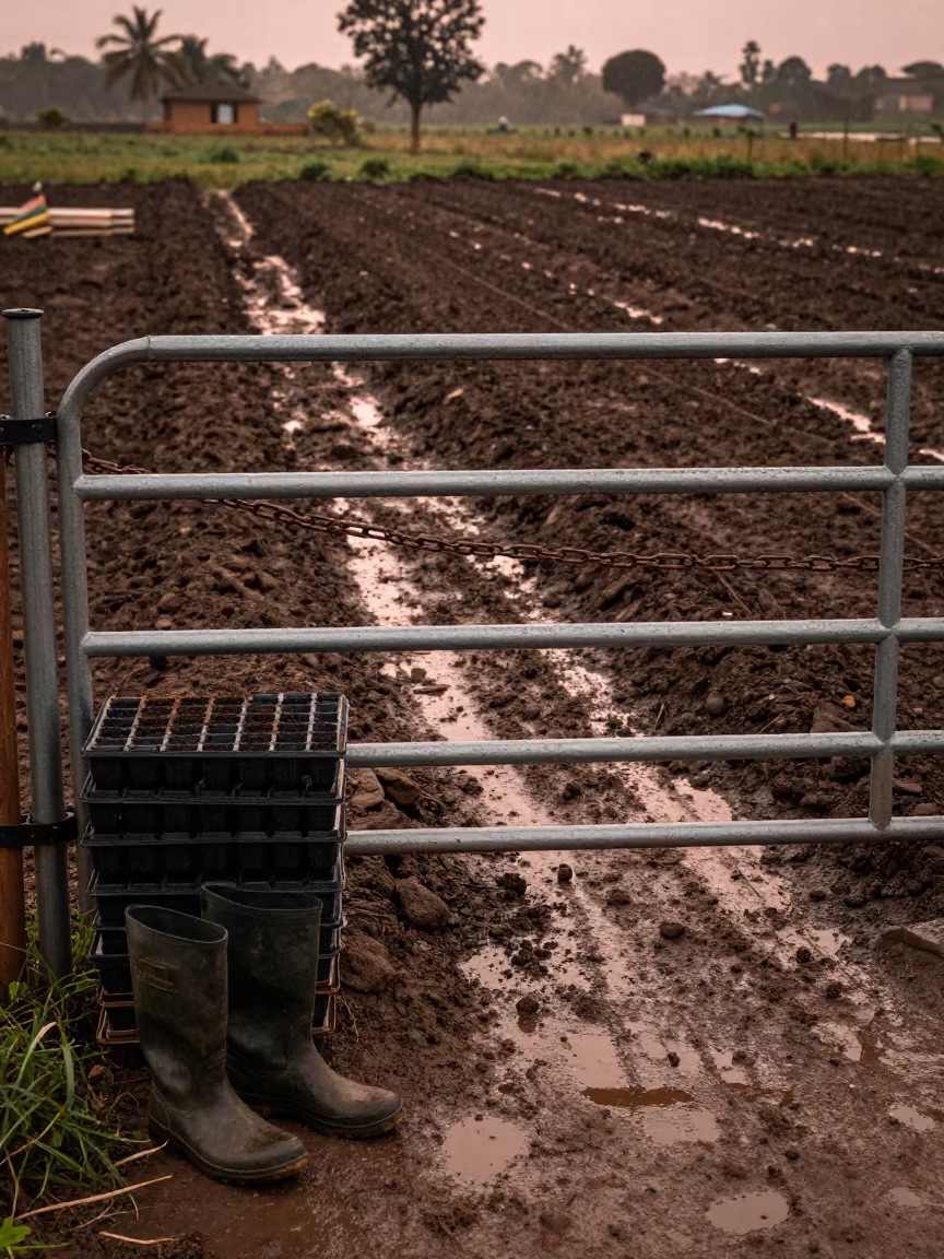 Chained Farm Gate Over Dark Soil Trays Boots in beside a tractor track through dark soil in Bauchi