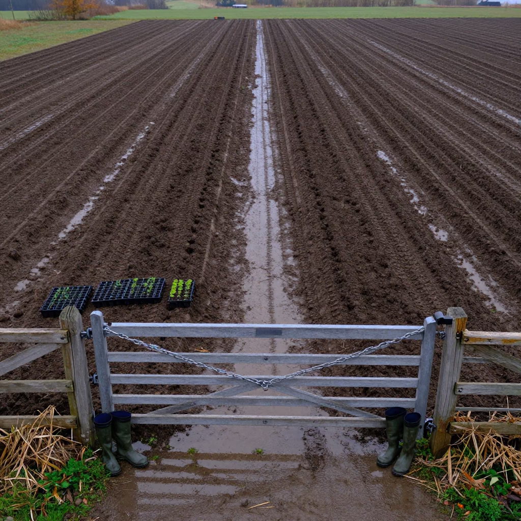 Chained Farm Gate Seedling Trays Boots Aerial View in along freshly irrigated rows in Czech Republic