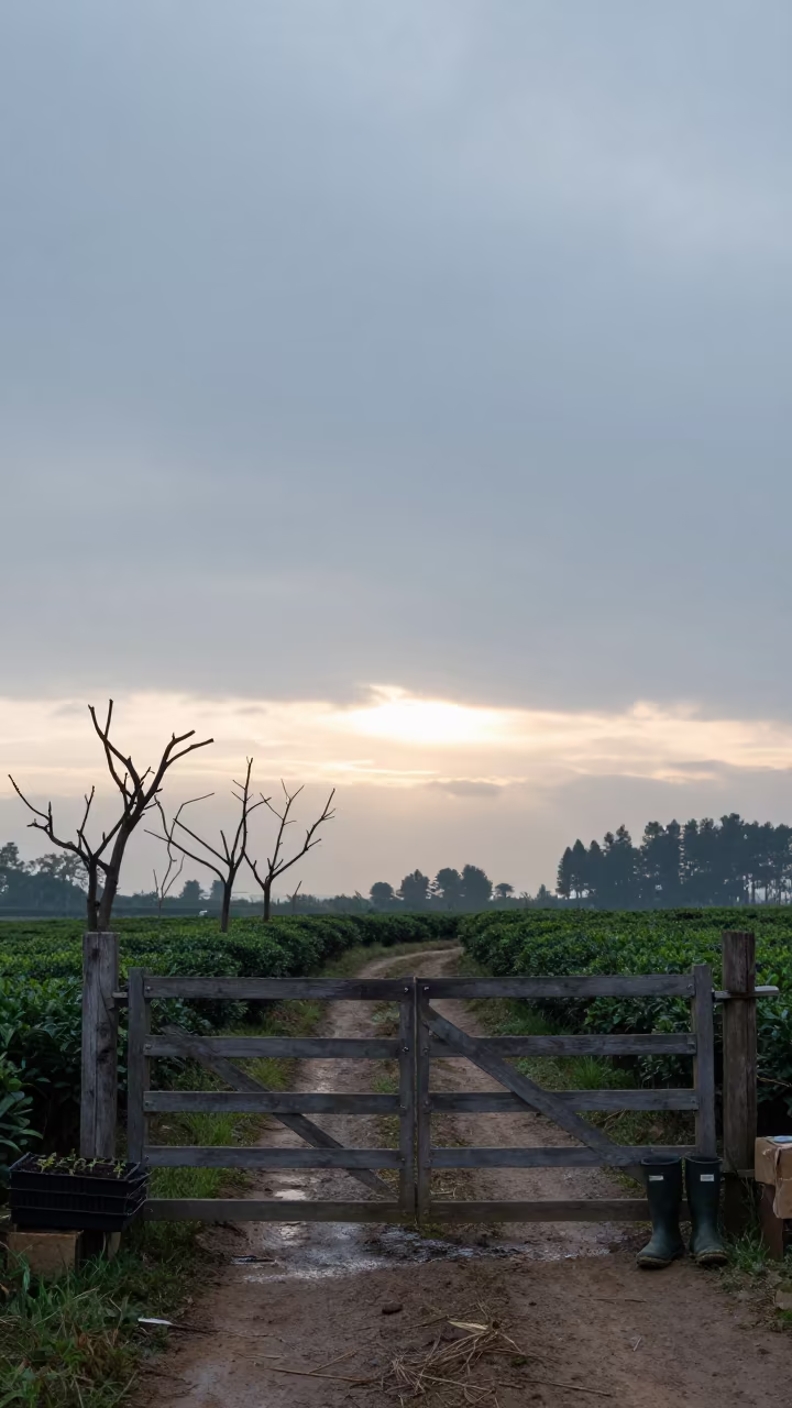 Chained Farm Gate Silhouetted Before Sunrise in at the edge of a tea plantation in Murino