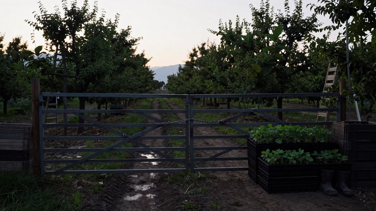 Chained Gate and Seedling Trays at Sunrise in among orchard ladders and crates in the Caucasus