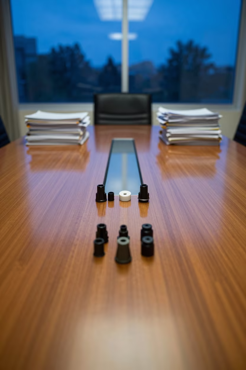 Chair Caster Kit on Conference Table at Dusk in inside a conference room in Touba
