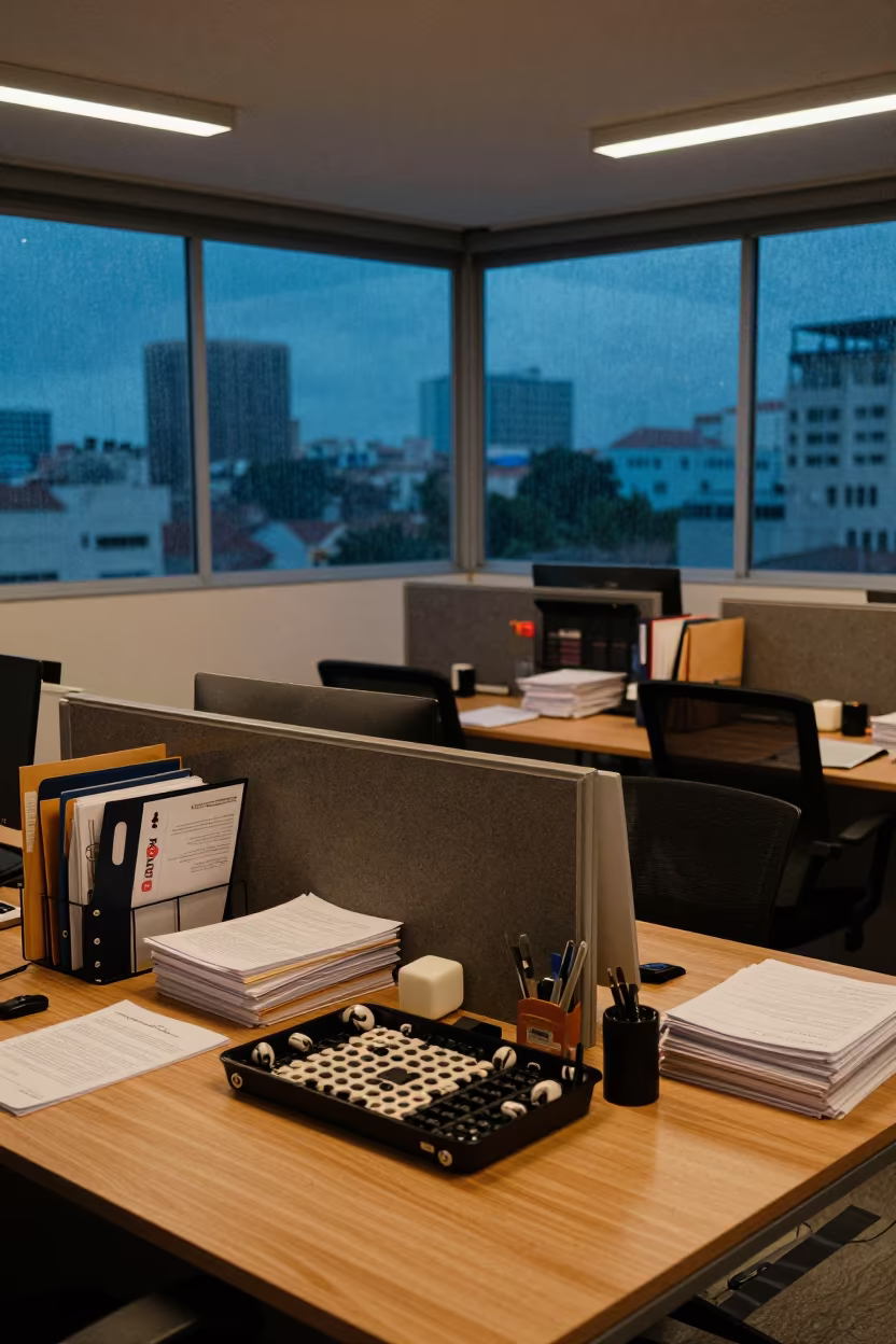 Chair Caster Kit on Desk in Fortaleza Office Twilight in inside an open-plan office bay in Fortaleza