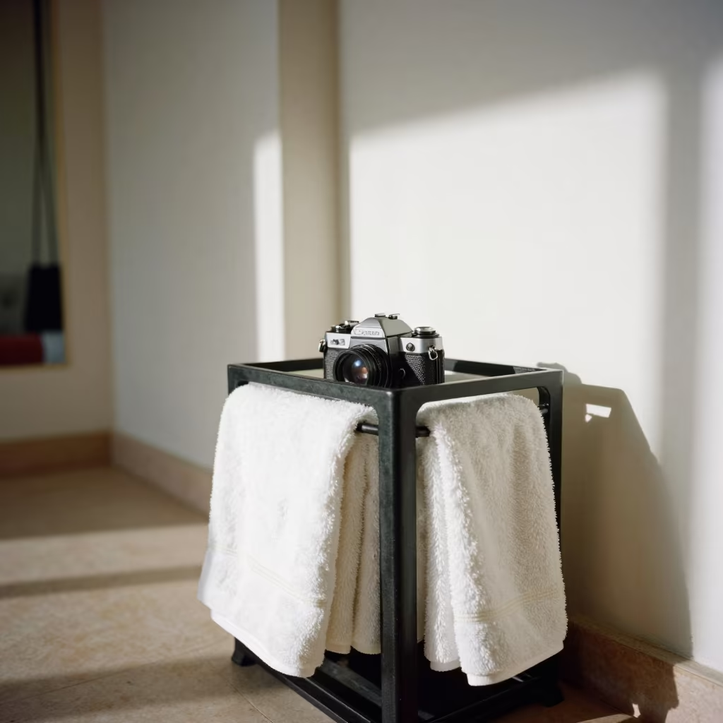 Chalk Ban Towel Caddy in Suez Yoga Studio in inside a yoga studio before the session begins in Suez