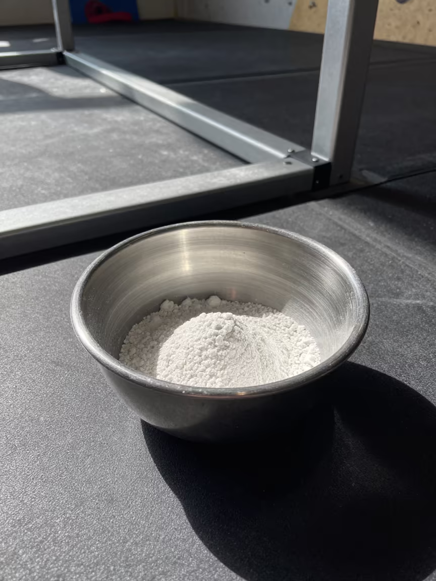 Chalk Bowl Station After Cleanup in Detroit Gym in inside a climbing gym warmup zone near Hamtramck, Detroit