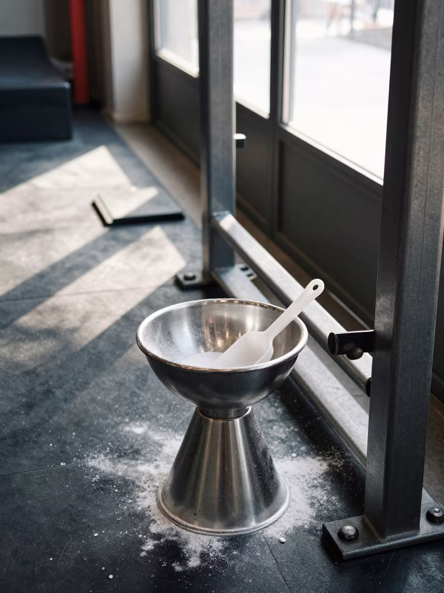 Chalk Bowl Station After Cleanup in Shanghai Gym in inside a climbing gym warmup zone in Shanghai