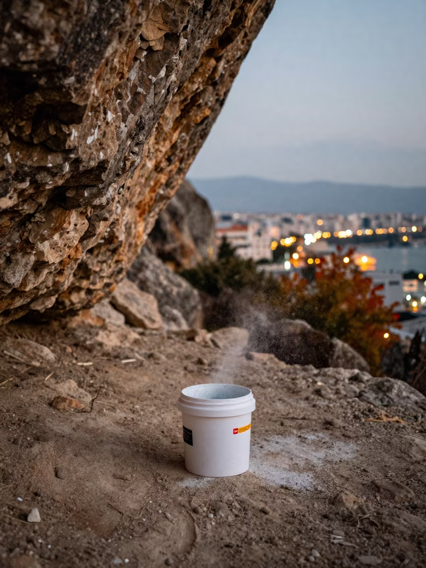 Chalk Bucket Beneath Overhang at Dusk in on a mountain path near Misrata