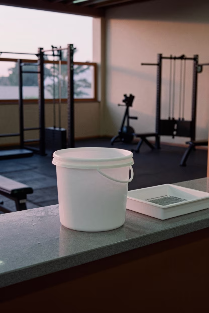 Chalk Bucket Sieve Drawer Gym Check-In Dawn in at a gym check-in desk in Tivaouane
