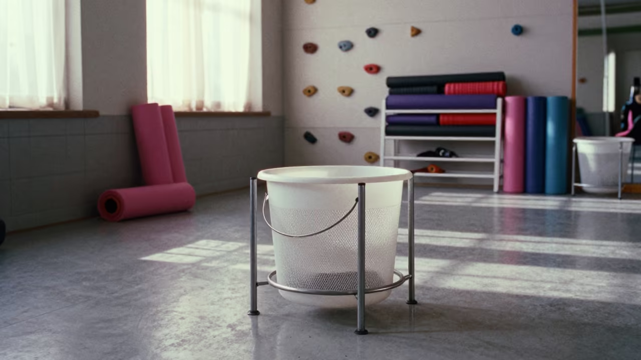Chalk Bucket Sieve Drawer in Winter Spin Studio in inside a spin studio under class lights in Jinan