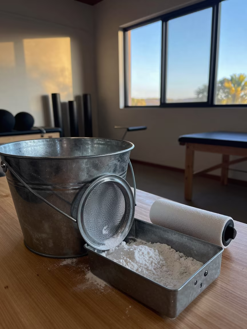 Chalk Bucket Sieve in Recovery Lounge in inside a recovery lounge beside foam rollers in Oudtshoorn
