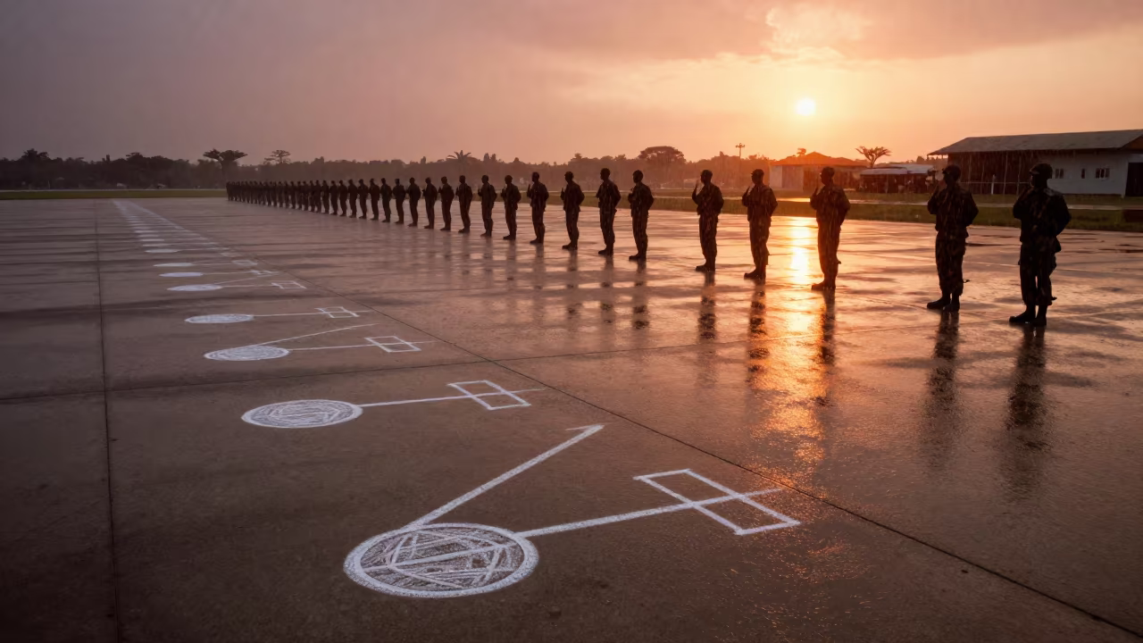 Chalk Drill Marks on Wet Angola Airbase in along an airbase flight line in Angola