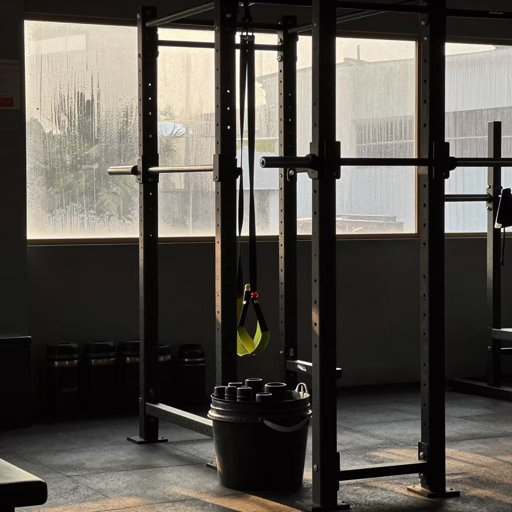 Chalk Dust and Bands in Late Afternoon Gym Light in beside a squat rack row before the rush in Semarang