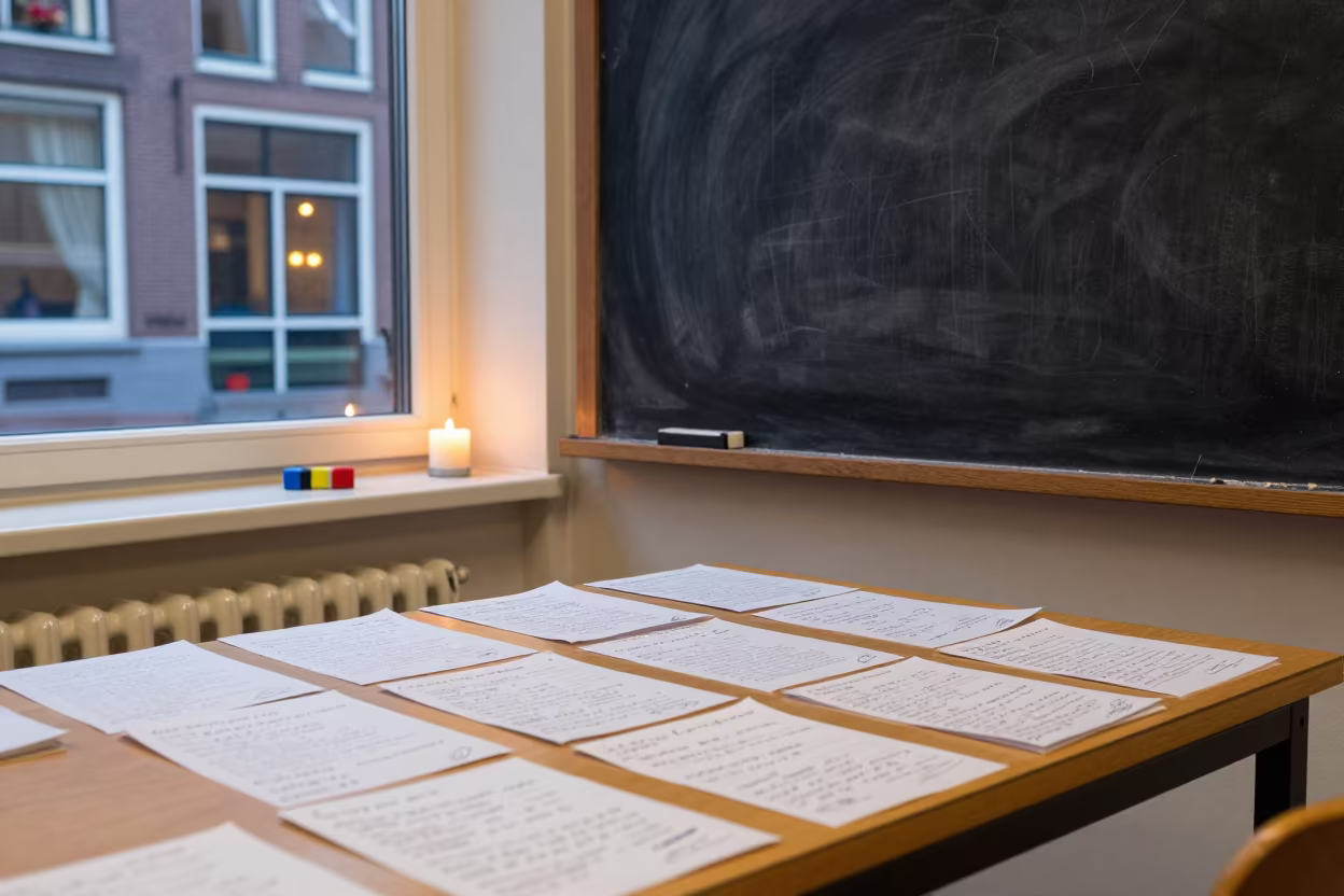 Chalk dust classroom with candlelight and notes in at a seminar table covered in notes near The Hague