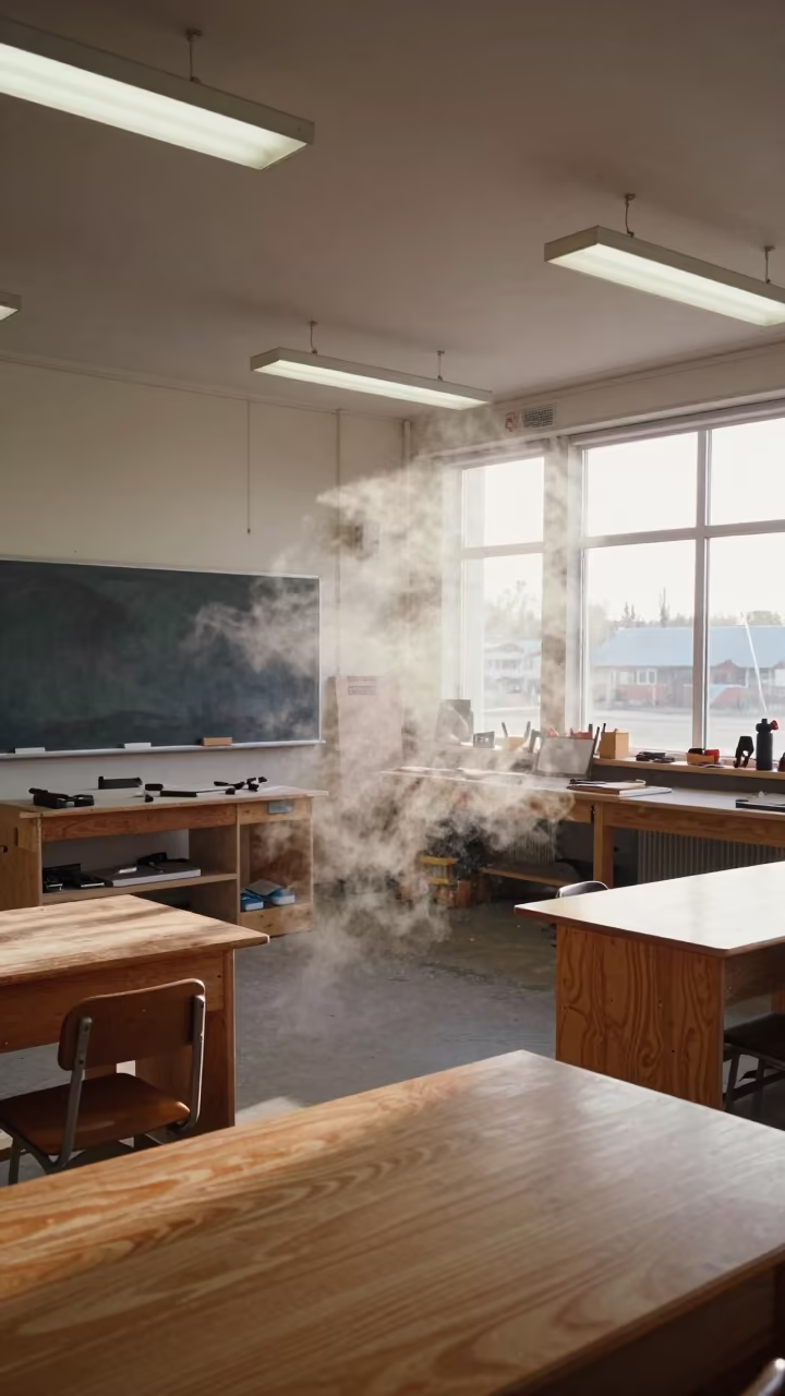 Chalk Dust Cloud in Fairbanks Woodshop Class in in a woodshop classroom in Fairbanks