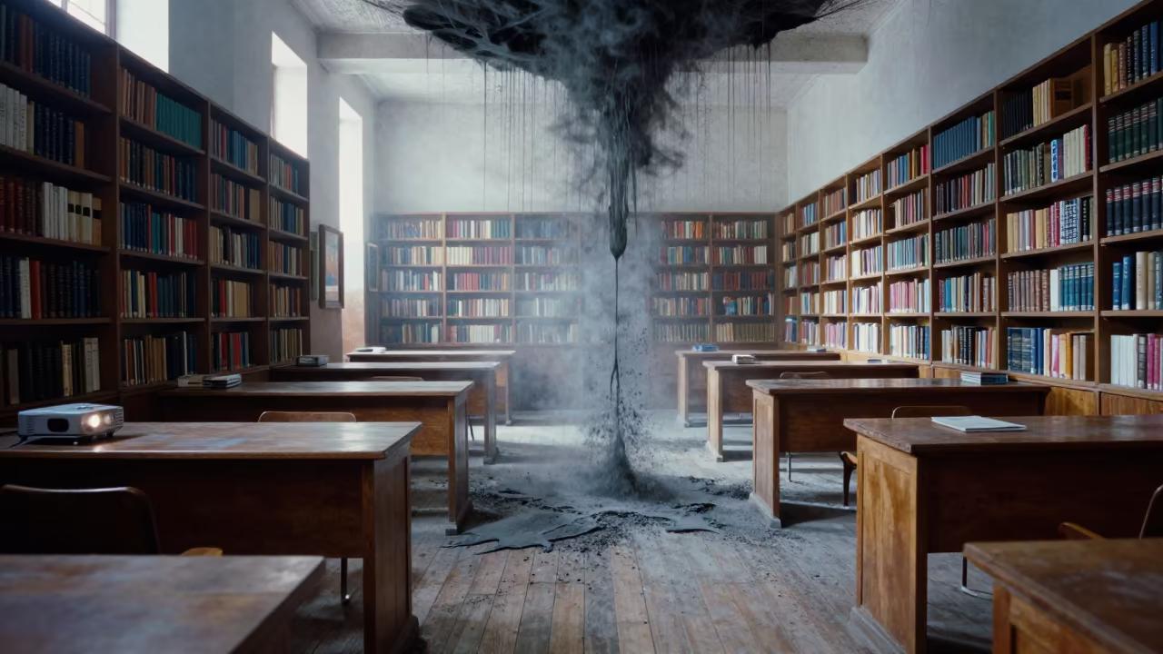 Chalk Dust Cloud Falling Like Heavy Liquid in Library in inside a campus library reading room in Palermo Hollywood, Buenos Aires