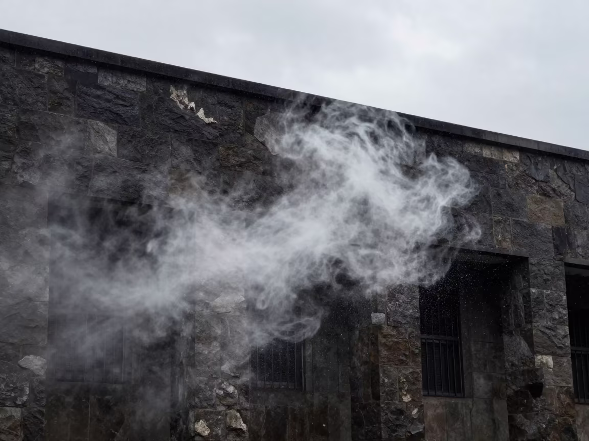 Chalk Dust Cloud After Physics Lesson in Amman in across a rain-washed campus courtyard in Amman