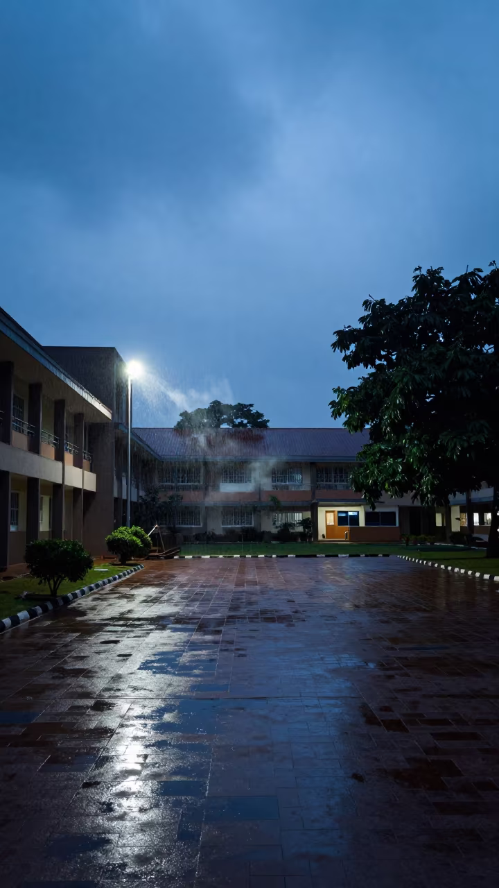 Chalk Dust Cloud Over Rain Washed Campus in across a rain-washed campus courtyard near Ado Ekiti