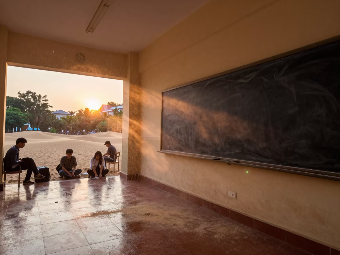 Chalk Dust Cloud Over Sand Dunes Under Cloister in beneath a university cloister in Can Tho