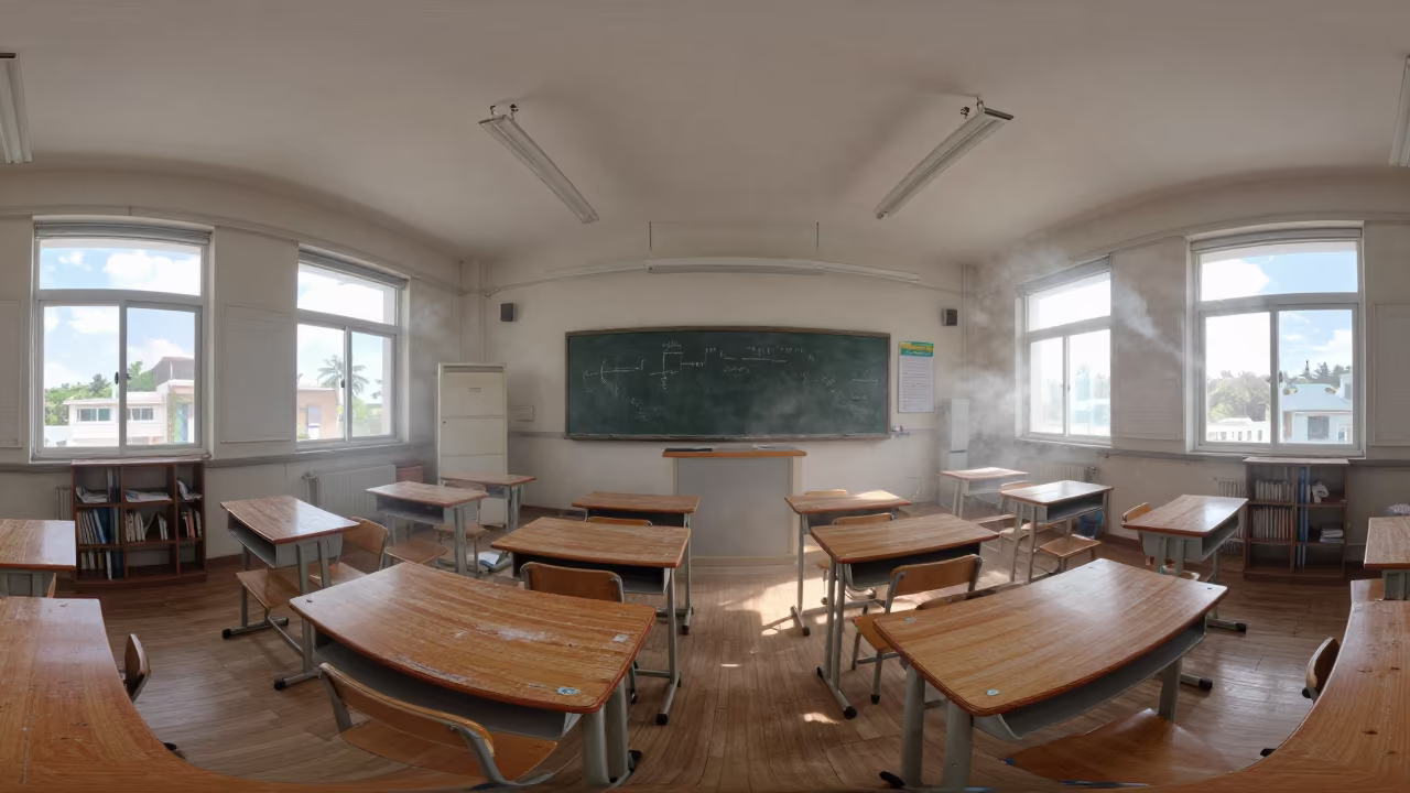 Chalk Dust Cloud in Seoul Classroom Late Afternoon in inside a quiet classroom in Insadong, Seoul