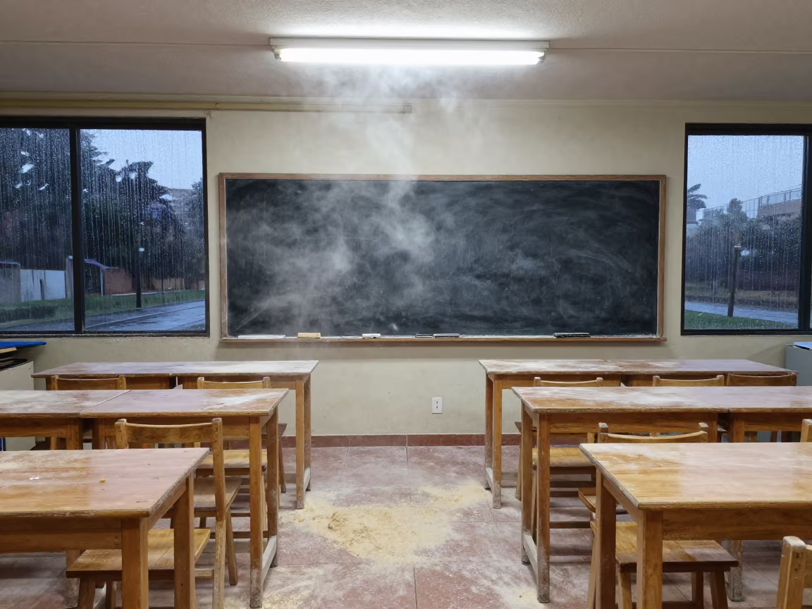 Chalk Dust Cloud in Valencia Woodshop at Midnight in in a woodshop classroom in Valencia