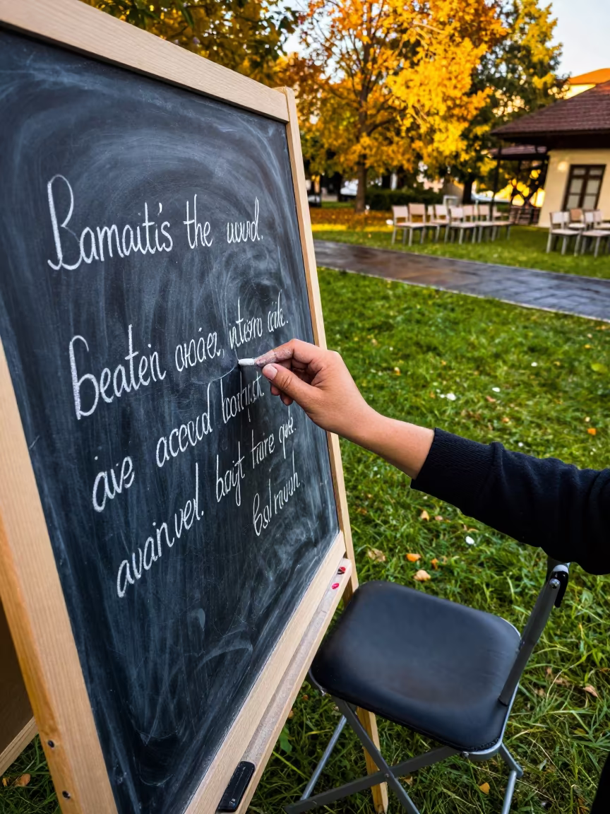 Chalk Dust and Poet Quote on Uşak Lawn in on a graduation lawn under folding chairs in Uşak