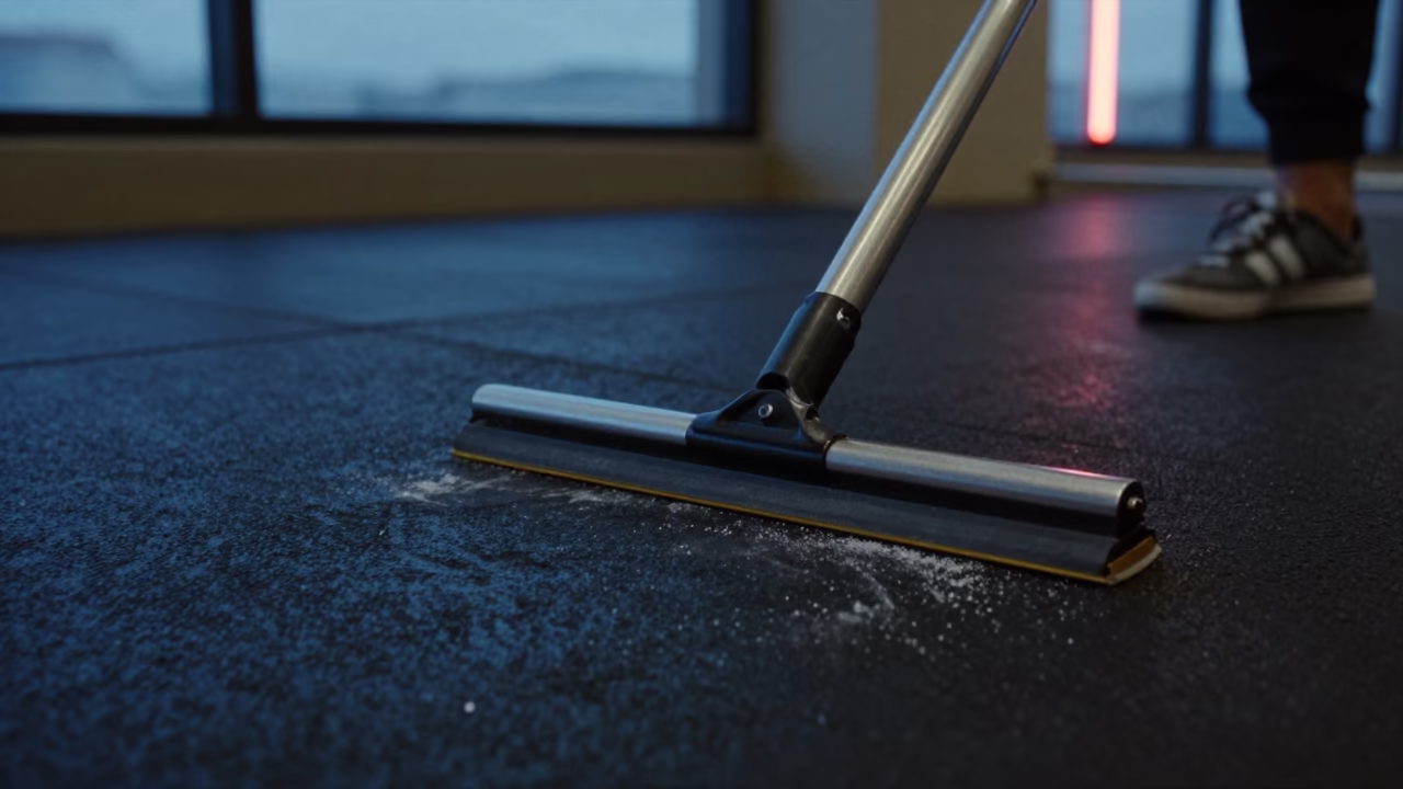 Chalk Dust Squeegee on Black Mat in Shanghai Spin Studio in inside a spin studio under class lights in Hongkou, Shanghai