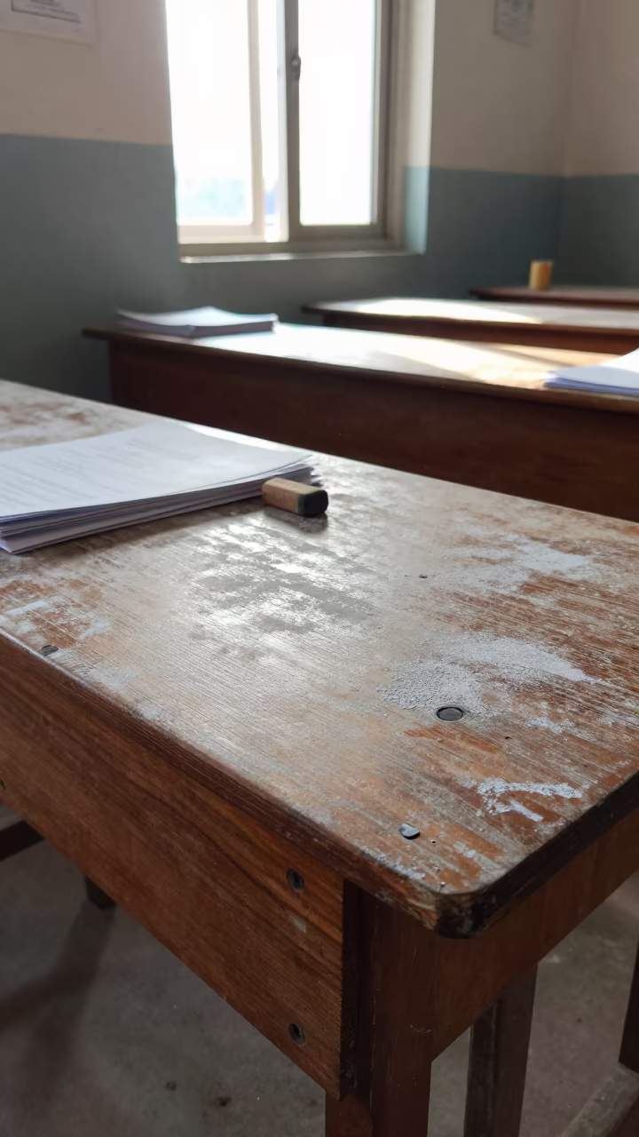 Chalk dust settles on woodshop desks in Kotri in in a woodshop classroom in Kotri