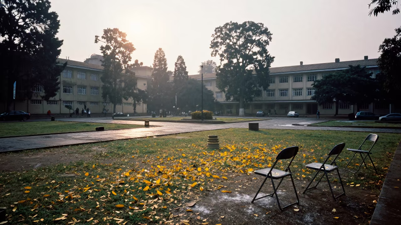 Chalk Dust on Yellow Leaves at Meskel Square in on a graduation lawn under folding chairs near Meskel Square, Addis Ababa