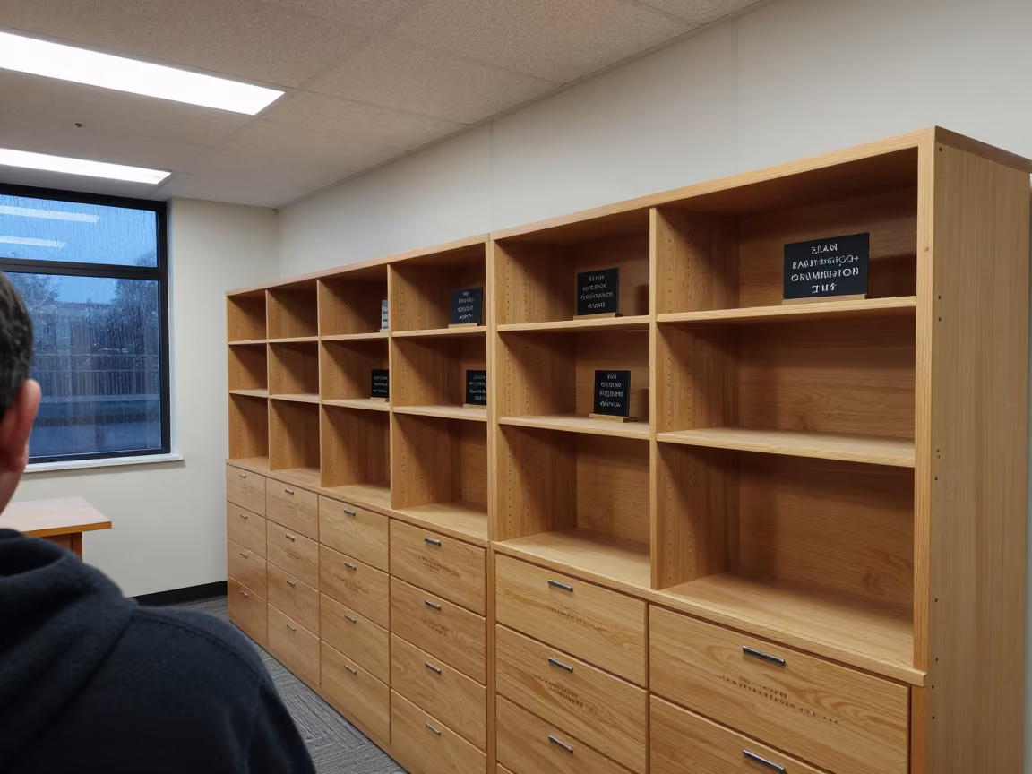 Chalk Labeled Woodshop Cabinet in Athens Library Night in inside a campus library reading room in Psirri, Athens