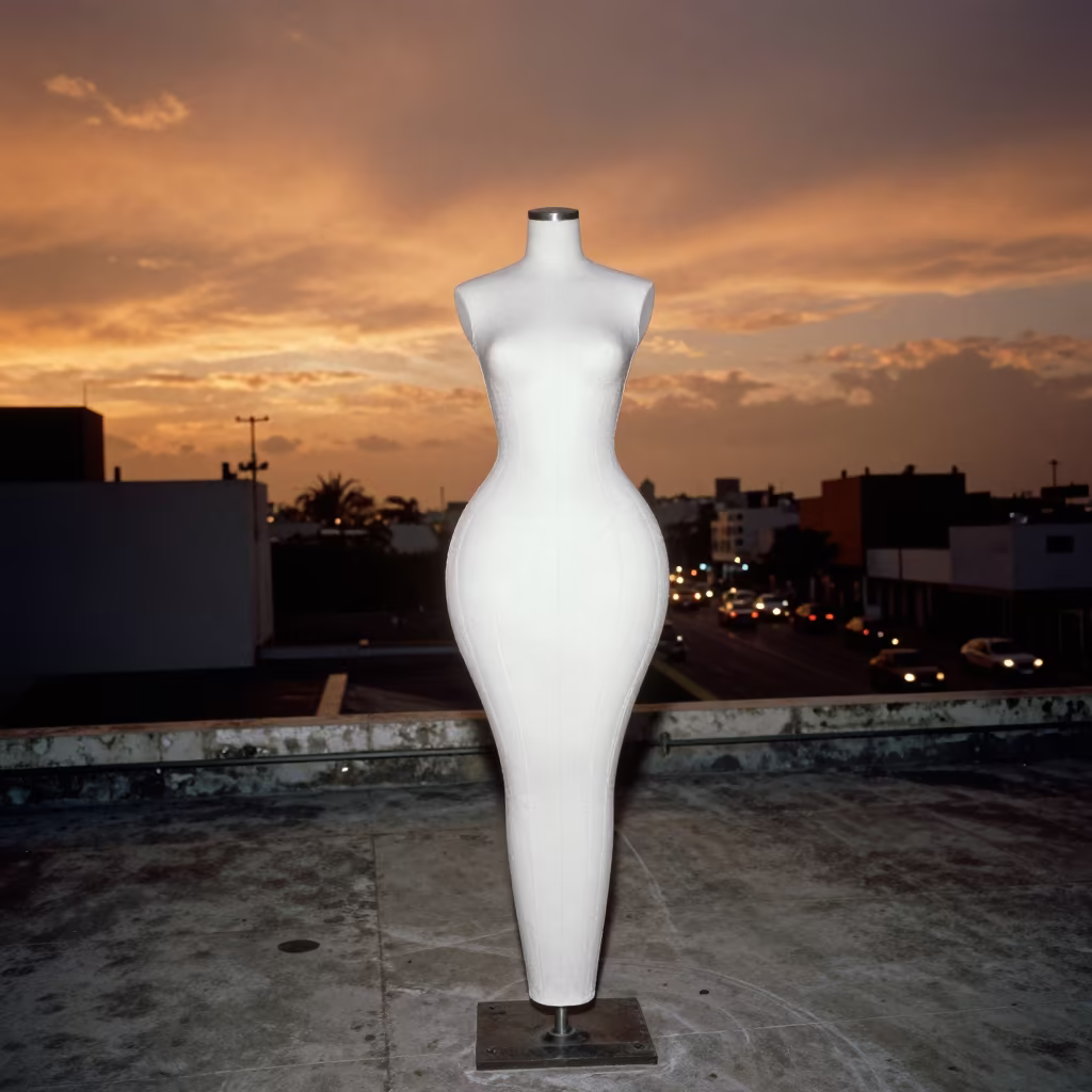 Chalk Marked Dress Form on Montero Rooftop in on a rooftop above evening traffic in Montero