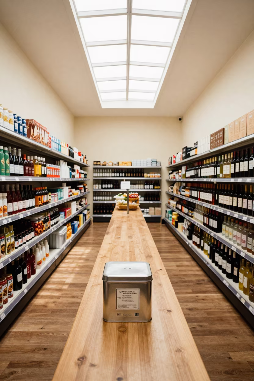 Chalk Marker Tin Before Farmstand Opening in inside a bright retail aisle in Ciudad Vieja, Montevideo