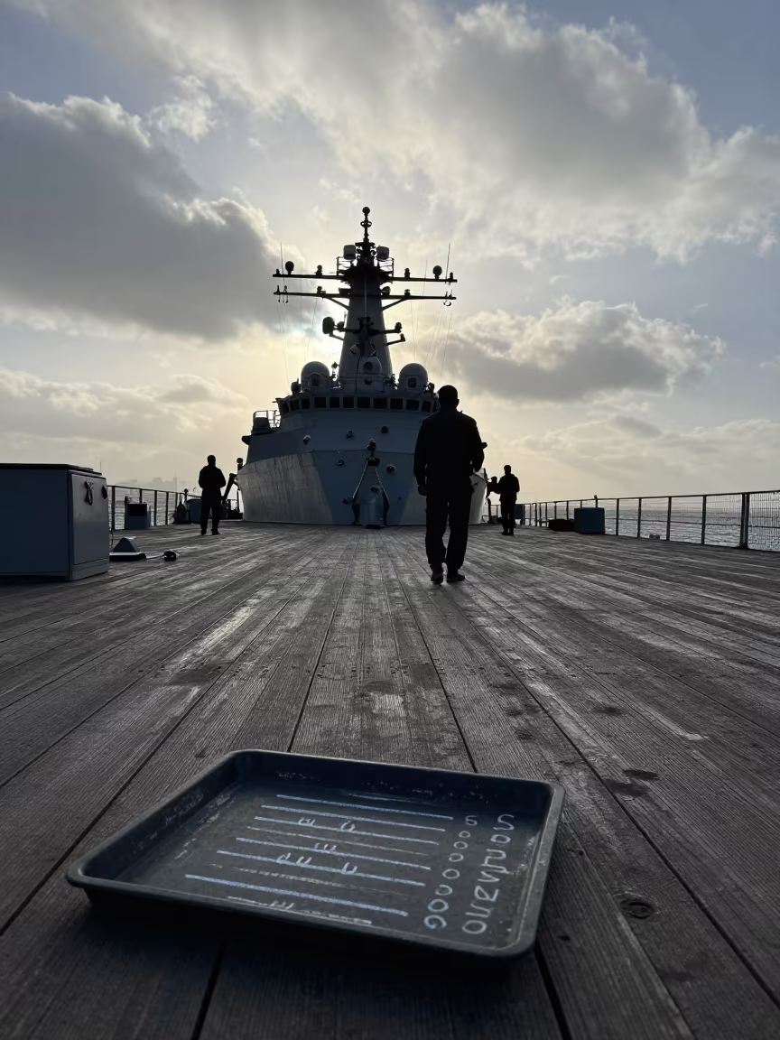 Chalk Marker Tray on Naval Deck at Dawn in on a naval deck in rough wind in Aleppo
