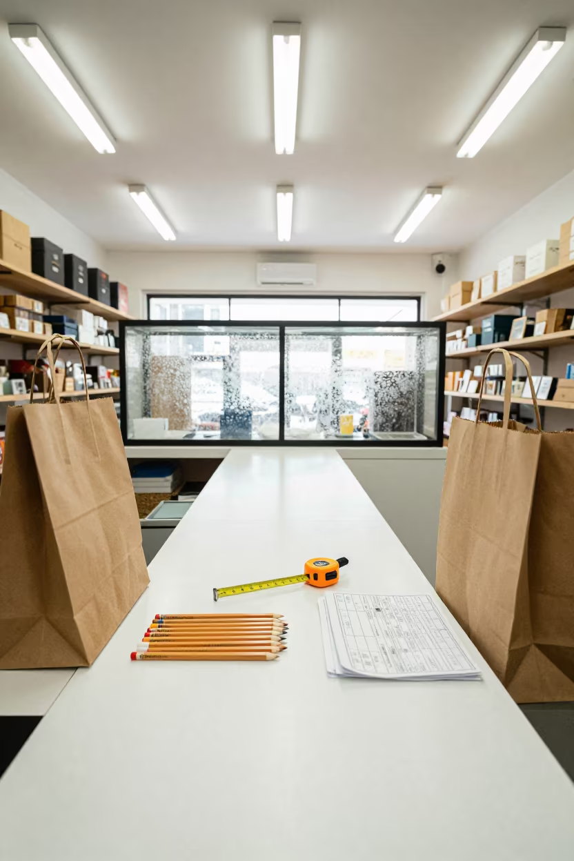 Chalk Pencils and Tape on Retail Counter Sydney in at a cash wrap counter with bags stacked nearby near Chippendale, Sydney