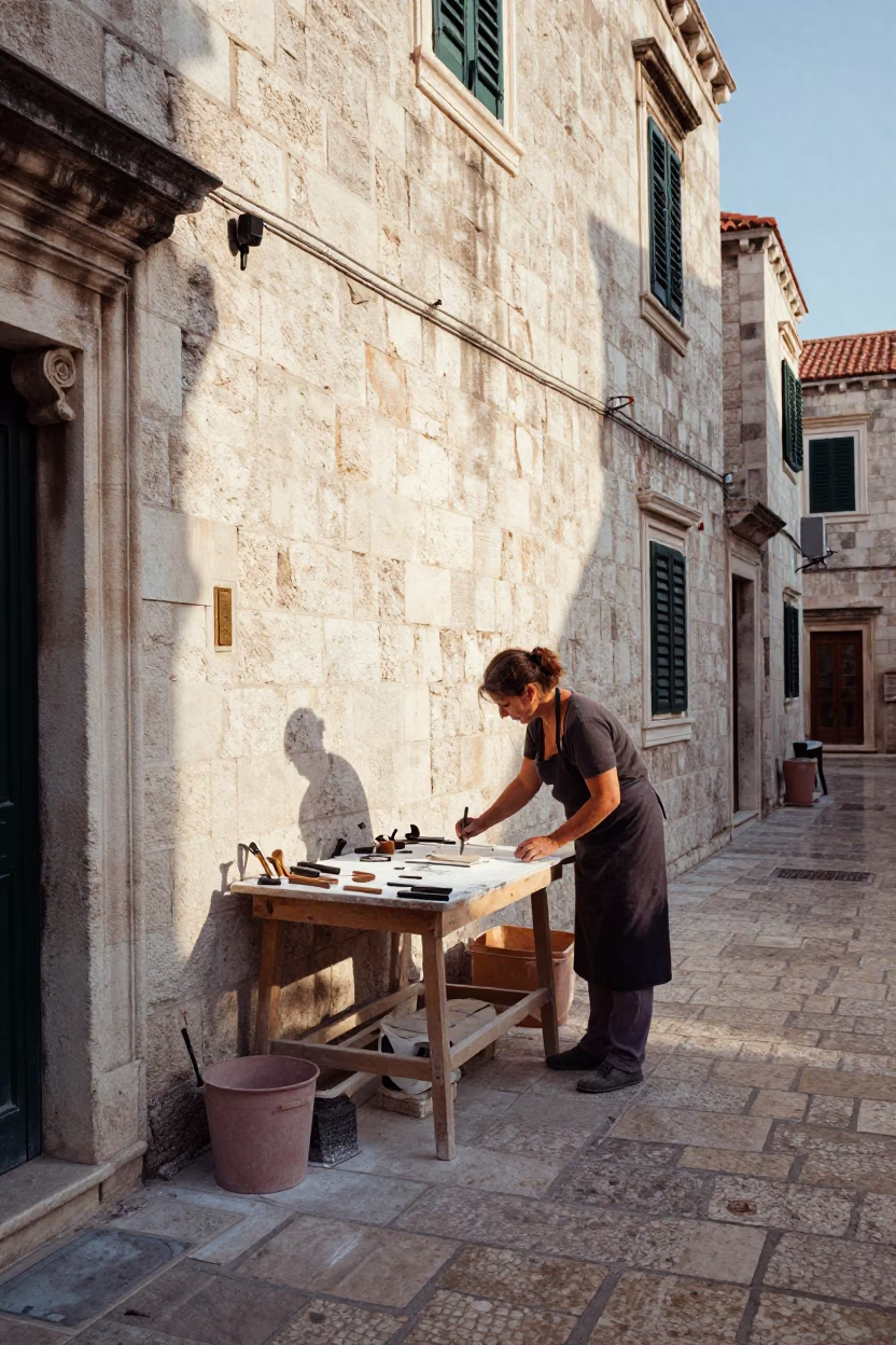 Chalk-stained Stonemason in Dubrovnik in in Dubrovnik, Croatia