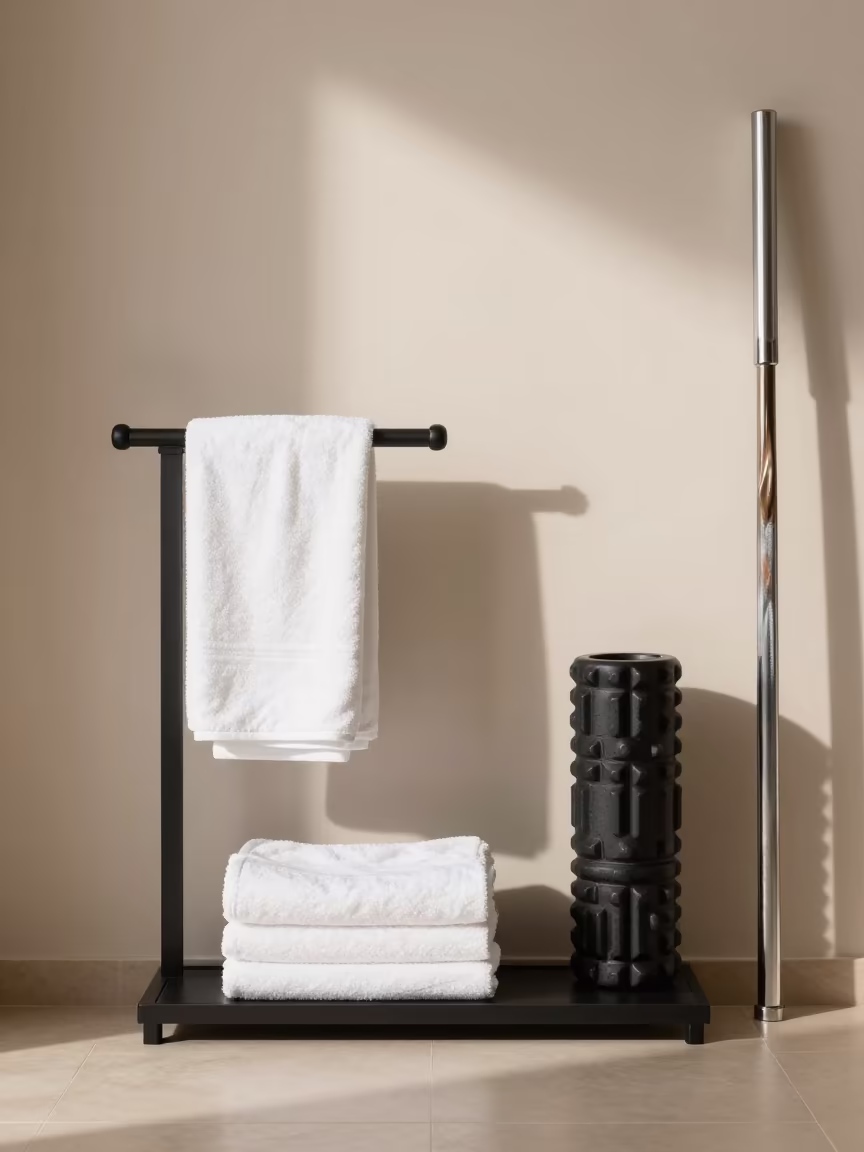 Chalk Towel Caddy in Karachi Recovery Lounge in inside a recovery lounge beside foam rollers in Karachi