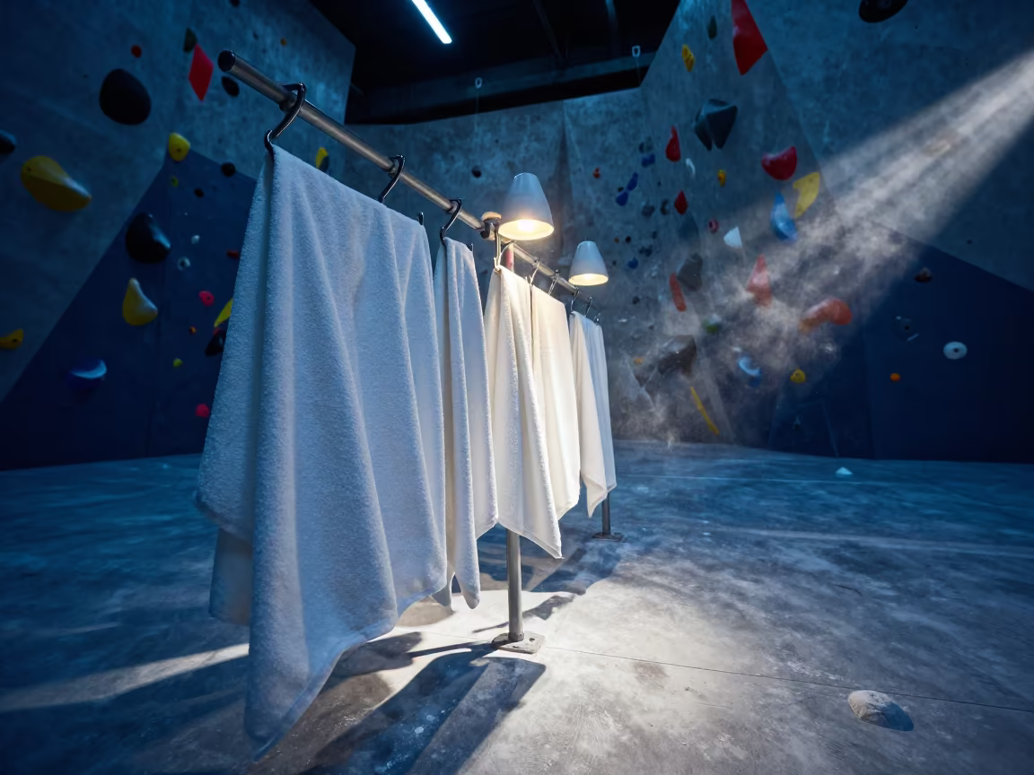 Chalk Towel Caddy in London Gym Warmup Zone in inside a climbing gym warmup zone in London