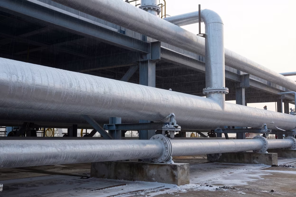 Chalky Sugar Refinery Pipes at Dawn in Chhattisgarh in beside exposed structural steel in Chhattisgarh