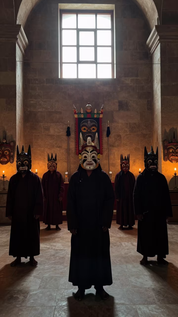Cham Dancers Silhouetted in Lagos Abbey Nave in inside a candlelit abbey nave in Surulere, Lagos