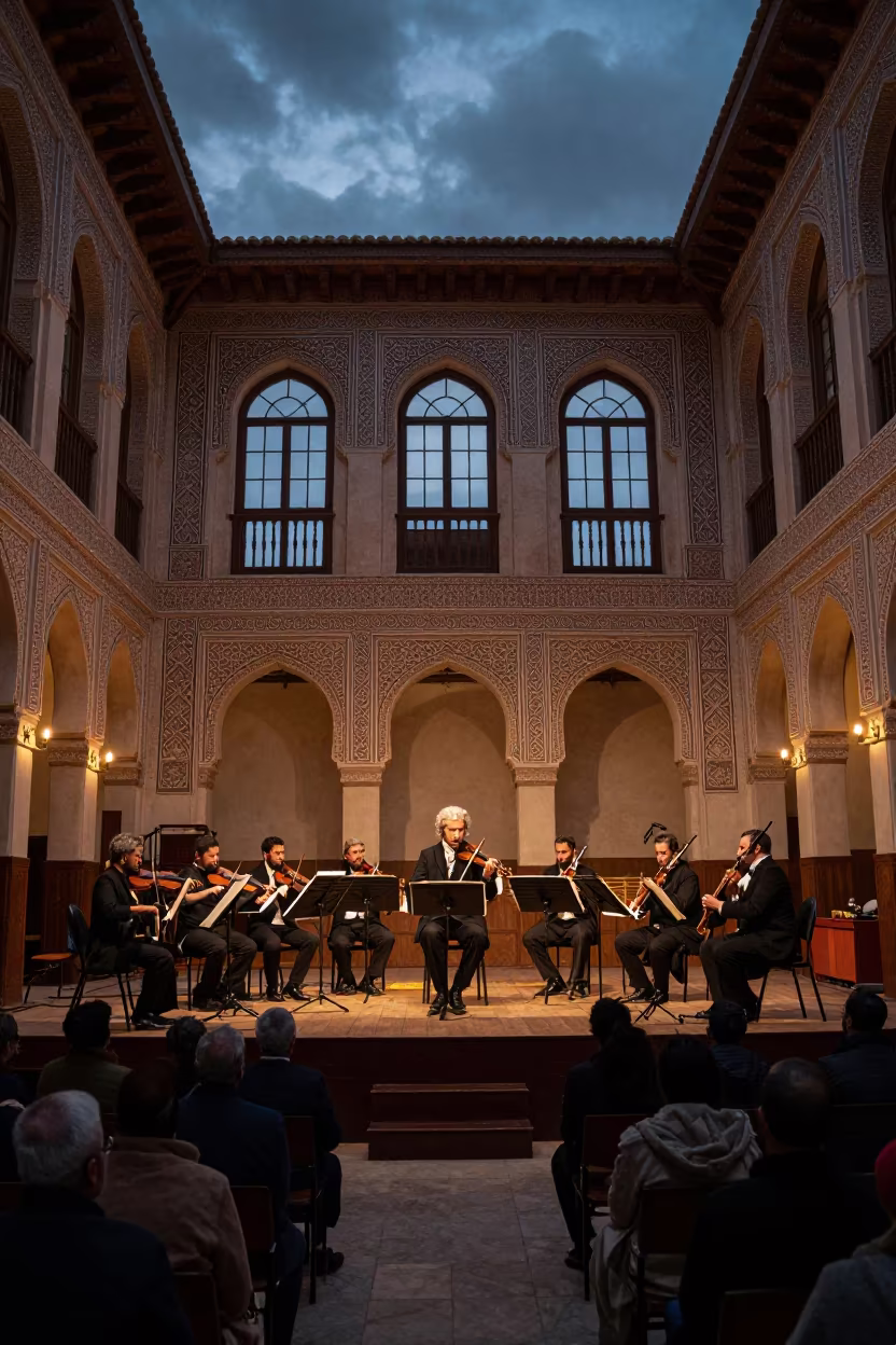Chamber Orchestra Plays Mozart in Sanaa Palace Hall in on a theater stage in Sana'a