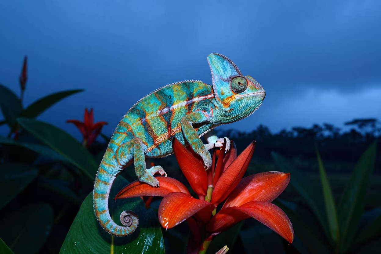 Chameleon on Bright Flower Hawaii Twilight in in Hawaii