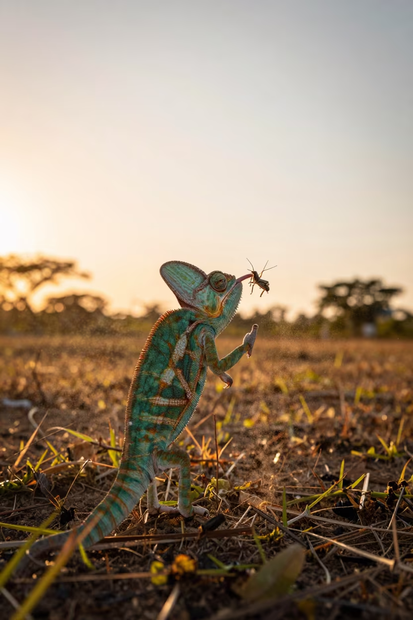 Chameleon Catching Cricket Near Cartagena Fields in near open fields near Cartagena