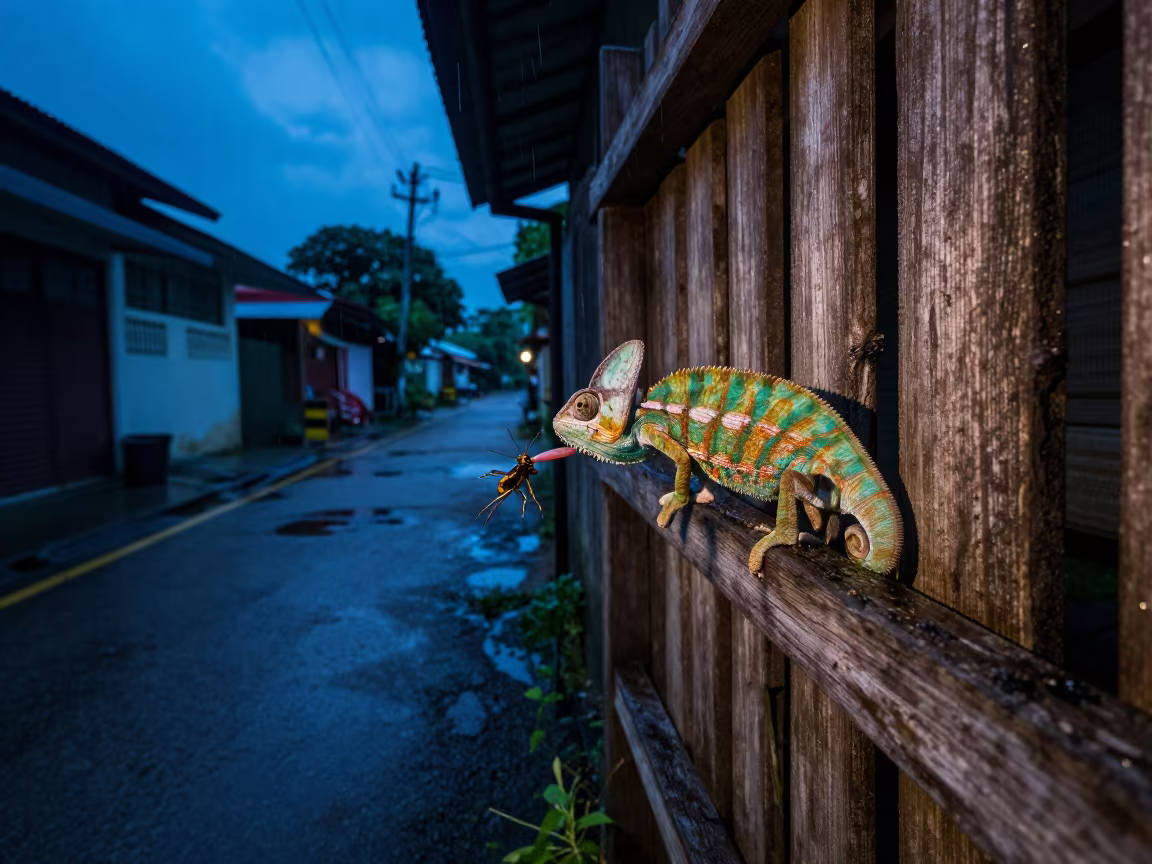 Chameleon Catching Cricket in Kuala Lumpur Lane in in a village lane near Bukit Bintang, Kuala Lumpur