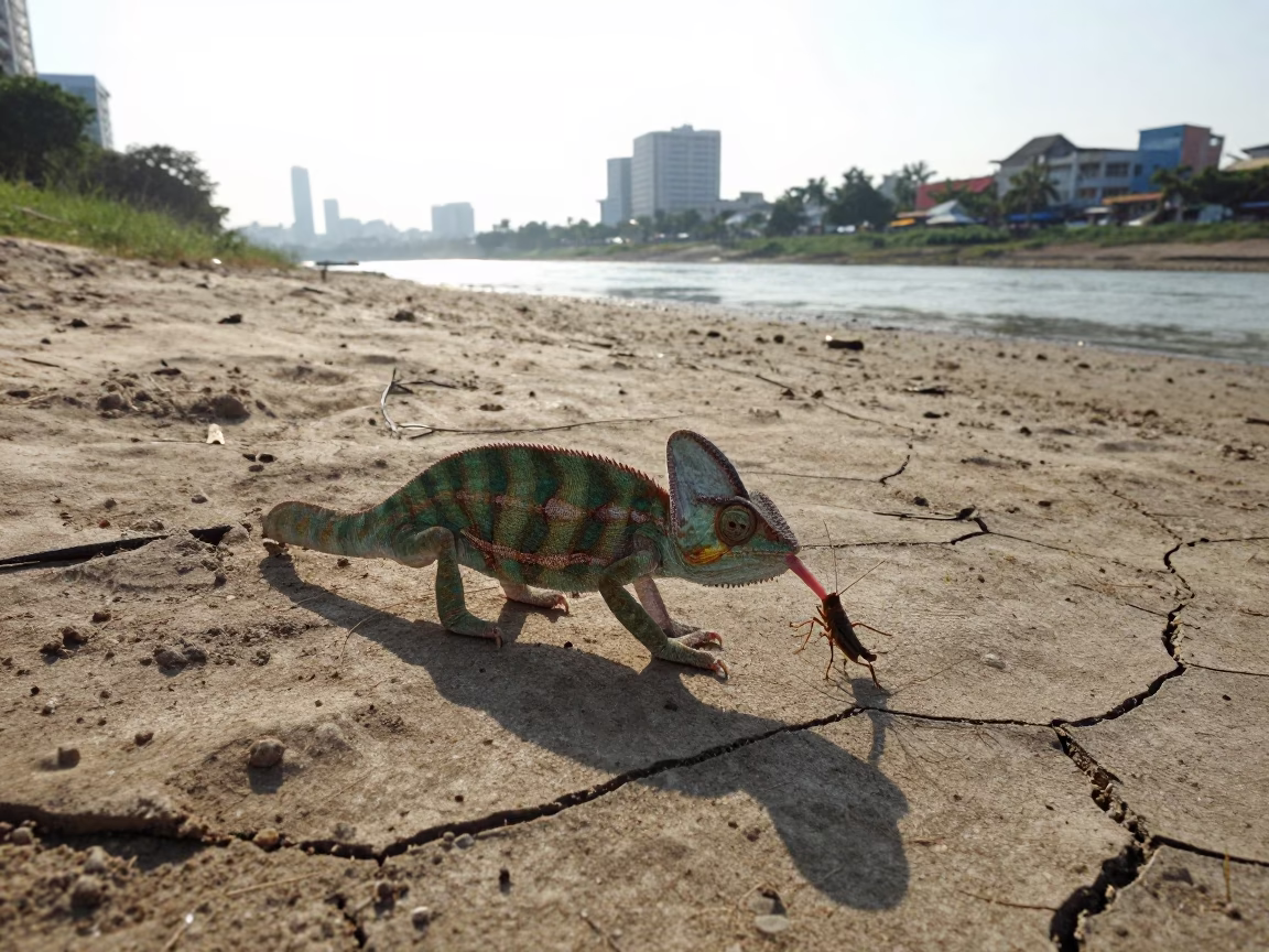 Chameleon Catching Cricket by Riverbank in by a riverbank near Bui Vien, Ho Chi Minh City